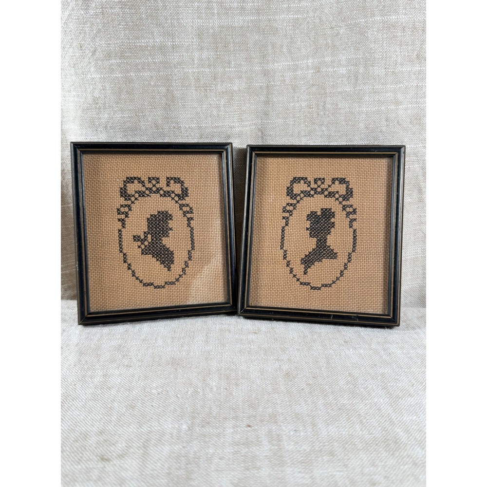 Vintage Silhouette Needlepoint Set of 2 Framed Mini Wall Art Cottage Decor